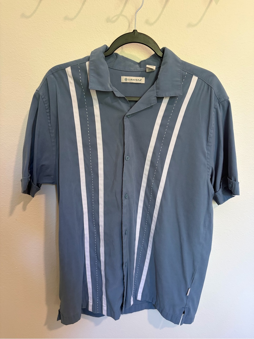 Cubavera Blue Short-Sleeve Button-Down Shirt with White Stripe Accents